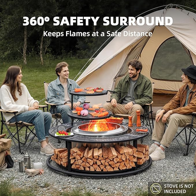 50 Inch Fire Pit Surround Tabletop for Smokeless Fire Pit Outdoor Surround Table with 2 Grill Grates and Firewood Storage Shelf Protective Barrier for Safety &amp Extra Space (Stove not Included)