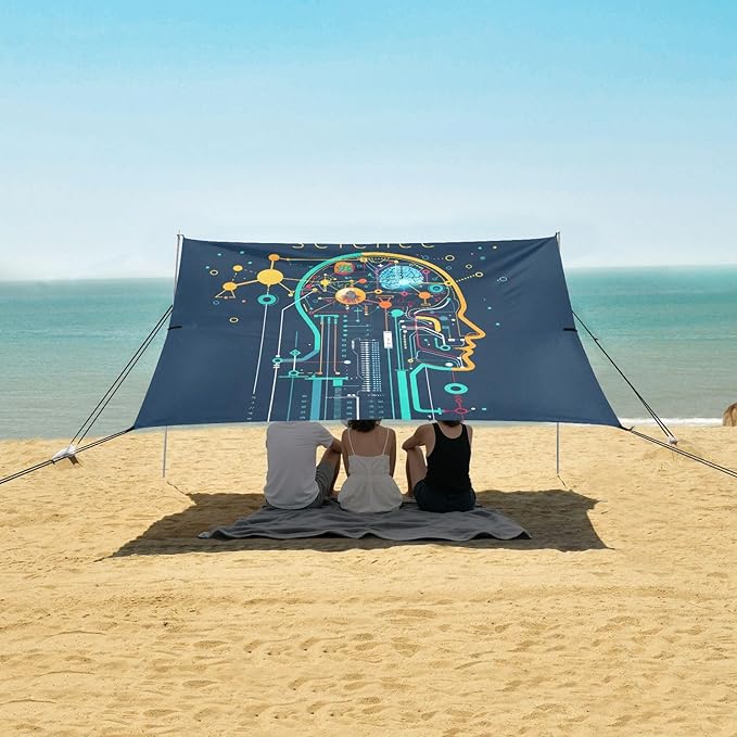ALAZA Science Brain Beach Tent Sun Shelter UPF50+ Protection Beach Shade Canopy w/ 4 Sandbags for Outdoor Camping Fishing Backyard Fun Picnic 10x9 ft