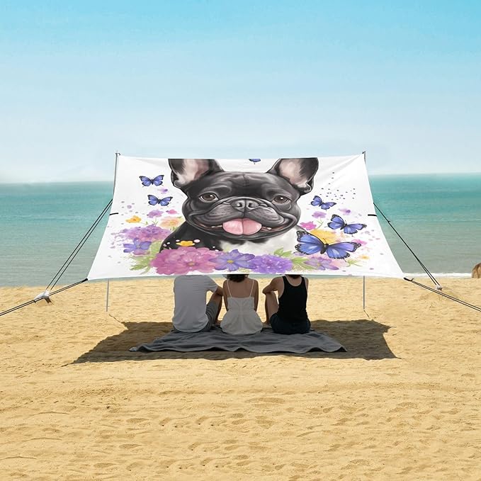 ALAZA Bulldog Puppy Butterfly Beach Tent Sun Shelter UPF50+ Protection Beach Shade Canopy w/ 4 Sandbags for Outdoor Camping Fishing Backyard Fun Picnic 10x9 ft
