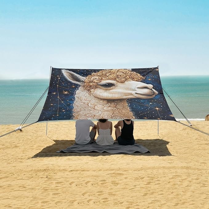 ALAZA Curly Hair Llama on Constellation Star Beach Tent Sun Shelter Portable Canopy Sunshade for Outdoor Camping Picnics Backyard Fun 10x9 ft