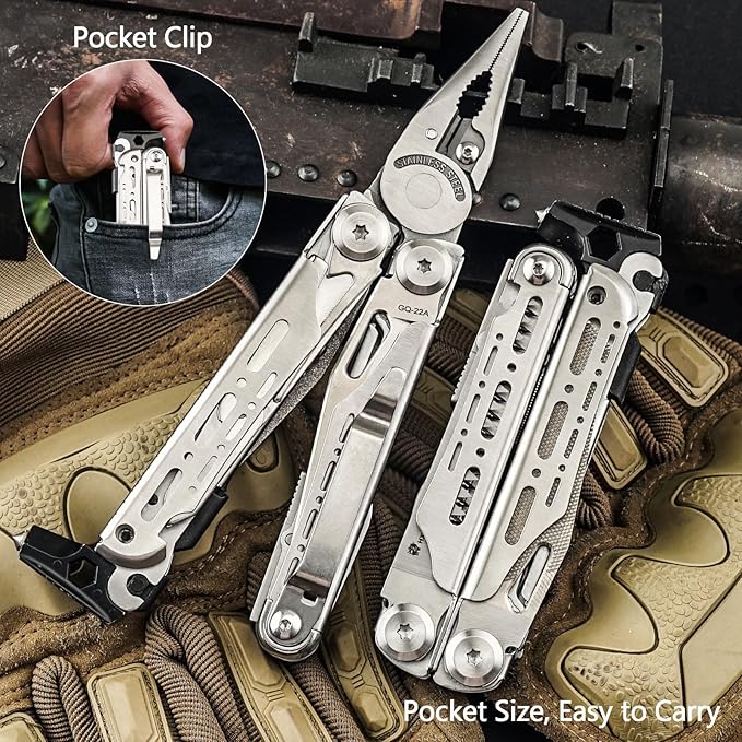 HX OUTDOORS 19 In 1 Multi Tool Pocket Knife Set Stainless Steel Multitool Pliers with Fire Starter and Glass Breaker Folding EDC Camping Survival Tools for Men (Silver)