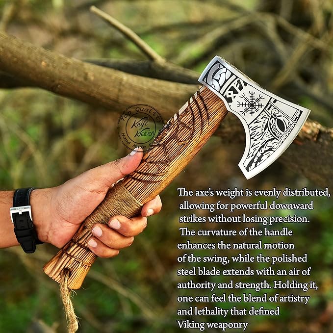 Hand-Forged Viking Axe Nordic Engraved Blade with Wooden Handle Unique Gift for Men Collectors Great Gift for Birthdays Holidays or Weddings (AXE-05)
