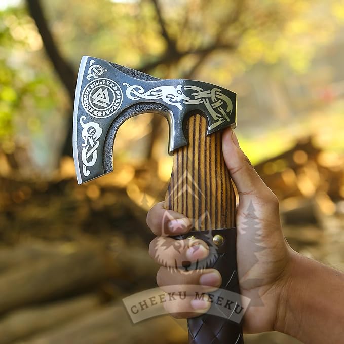 Custom Handmade Carbon Steel Real Viking Axe HatchetCamping Axe Birthday Gift for him Leather Wrapped Handle and Leather Sheath ((FM 24))