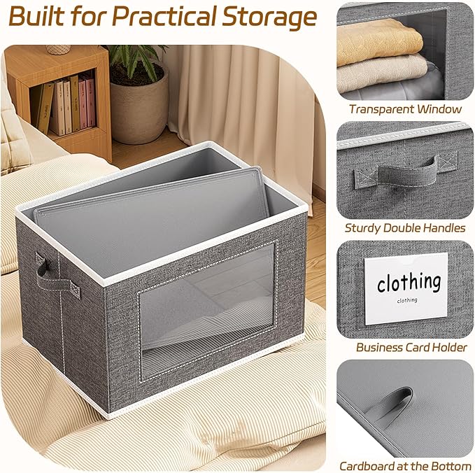 4-Pack Fabric Storage Bins with Lids Collapsible Closet Storage Bins with Clear Window Large Storage Boxes with Handles Closet Organizers for Shelves Wardrobe Grey 15×9.8×9.8