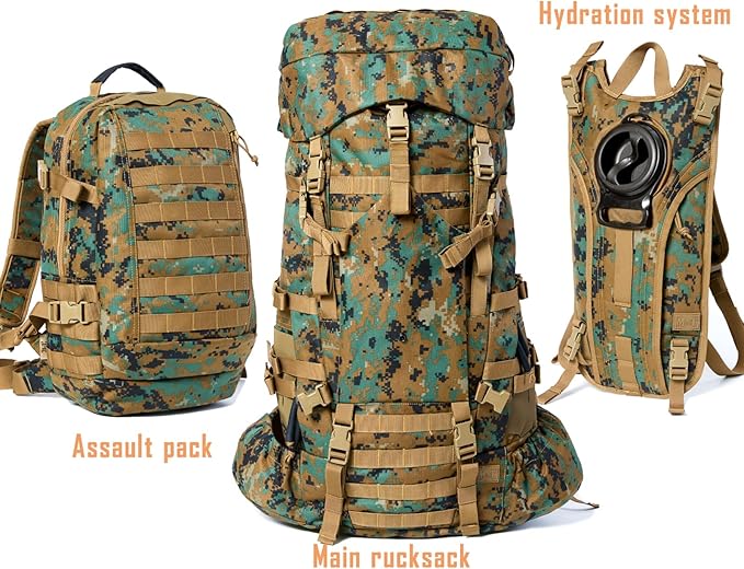 MT Military Army Large Rucksack with Detacheable Assault Backpack Hydration Pack Shoulder Straps and Waist Belt Metal Frame | Detacheable Hydration Pack Shoulder Straps Waist Belt Metal Frame