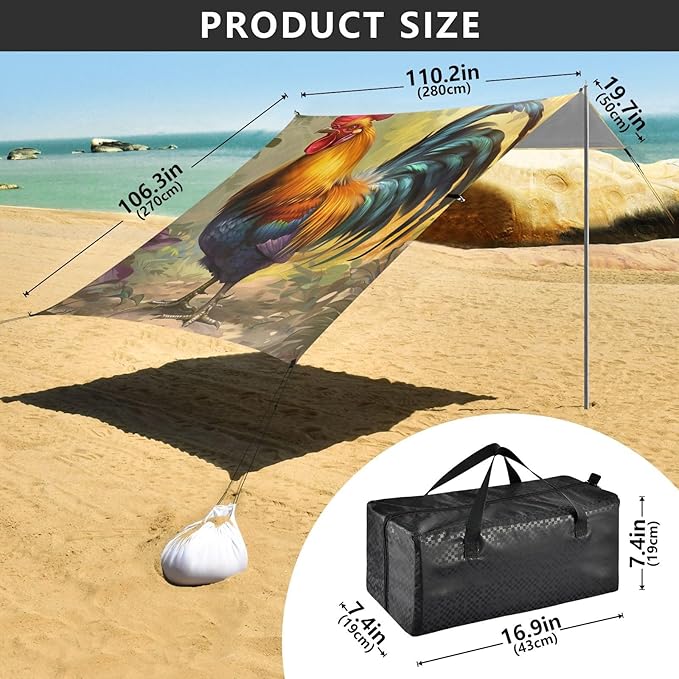 ALAZA Rooster Hand Painted Beach Tent Sun Shelter Portable Canopy Sunshade for Outdoor Camping Picnics Backyard Fun 10x9 ft