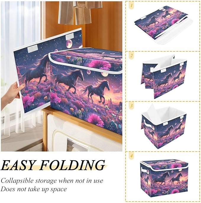 Storage Cube with Lid Surreal Horses Print 16.5×12.6×11.8 IN Collapsible Large Capacity Foldable Storage Basket Bin Organizer