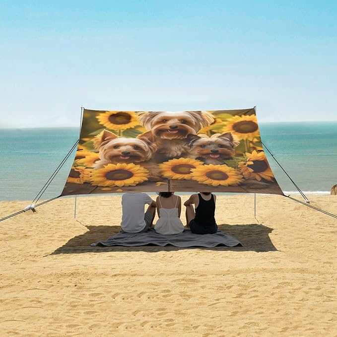 ALAZA Cute Dogs Family with Sunflowers Beach Tent Sun Shelter Portable Canopy Sunshade for Outdoor Camping Picnics Backyard Fun 10x9 ft