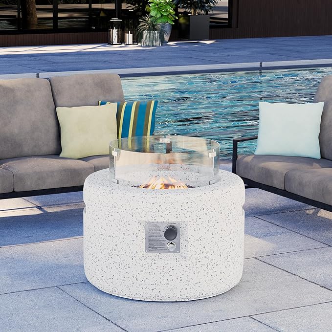 HOMPUS Round Fire Pit Table Outdoor Propane Fire Pit Table w Free Lava Rocks &amp Rain Cover Terrazzo Colorful Fire Pit w Wind Guard for Patio Outside