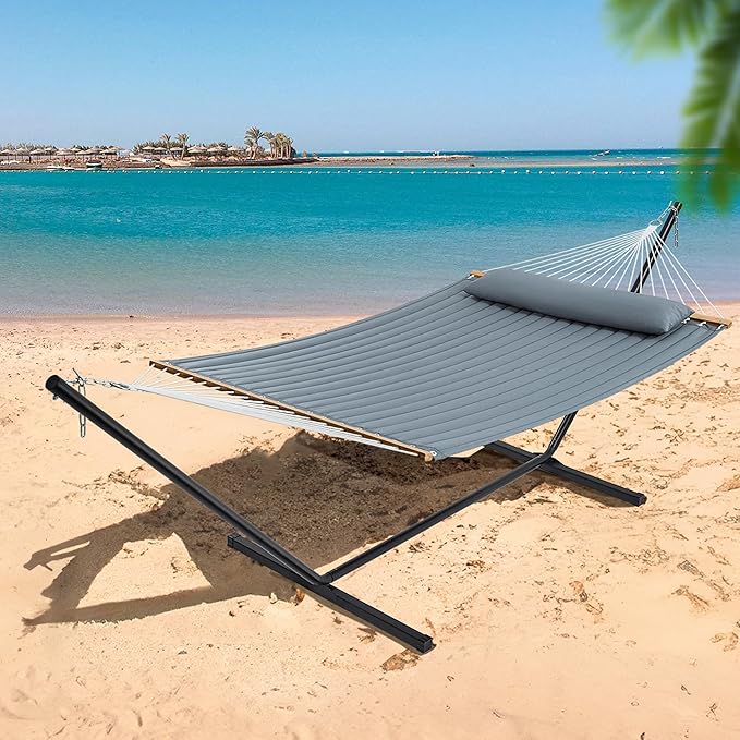 SUPERJARE Hammock with Stand 2 Person Quilted Outdoor Hammock Detachable Pillow &amp Bamboo Spreaders Portable Hammock with Carrying Bag Heavy Duty Stand Perfect for Outside Patio Neutral Gray