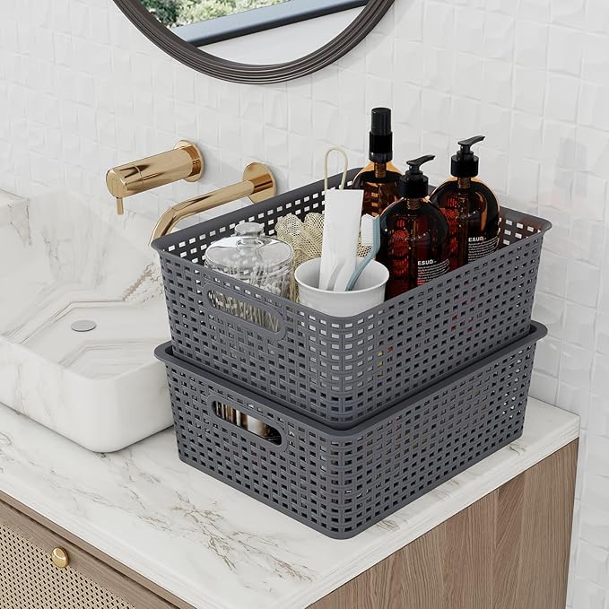 13 Quart Flat Storage Baskets with Lids Stackable Plastic Weave Organizing Basket Bin 6 Packs