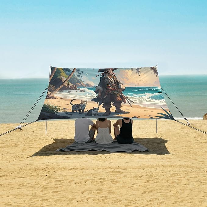 xigua Pirate Beach Tent Sun Shelter with Carrying Bag - Silver Coated Oxford Fabric Beach Canopy for Beach Camping Fishing - Includes Windproof Ropes Sandbags &amp Stakes
