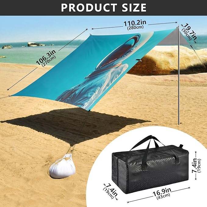 Cool Astronaut Beach Tent Sun Shelter Set UPF50+ UV Protection 10.5 x 9.19 FT Camping Shade Canopy with Sandbags Sand Anchors Carrying Bag and Others