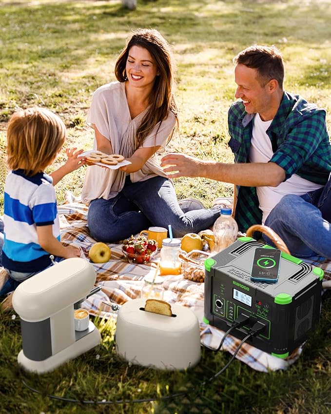 Portable Power Station 1000W (Peak 2000W) 999Wh Solar Generator with 110V Pure Sine Wave AC Outlet 60W USB-C PD 10 Ports for Camping RV Van Home Backup Emergency Off-Grid Living