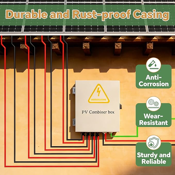 4 String Solar Combiner Box IP65 Waterproof PV Combiner Break for On/Off Grid Solar System with Lightning Arrester 15A Rated Current Fuse&amp 63A Circuit Breaker (Metal Box)