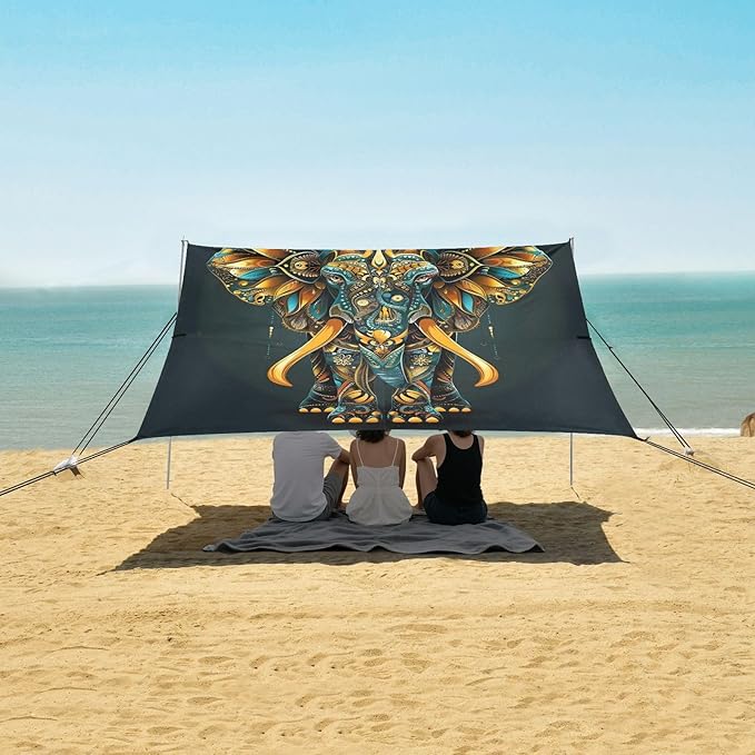 ALAZA Indian Elephant Mandala Beach Tent Sun Shelter UPF50+ Protection Beach Shade Canopy w/ 4 Sandbags for Outdoor Camping Fishing Backyard Fun Picnic 10x9 ft