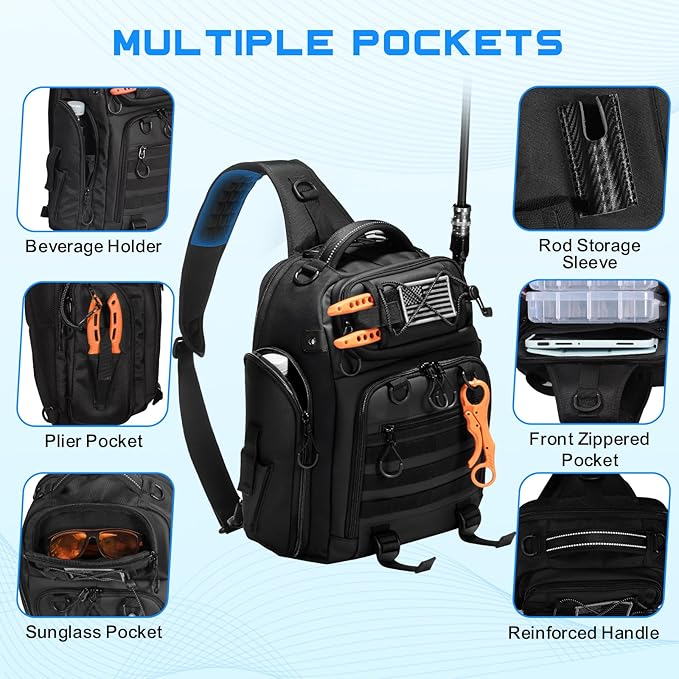 18L Fishing Sling Bag with Removable Lure Wraps and Rod &amp Beverage Holder Tackle Bag for Fishing Gear
