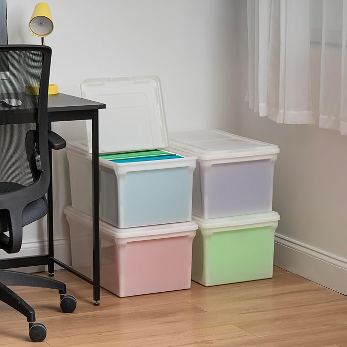 IRIS USA File Box File Organizer w/Hinged Split Lid for Letter File Important Document Box Plastic Storage Filing Bin for Moving Stackable Nestable Portable Pearl 44 Qt. 4 Pack