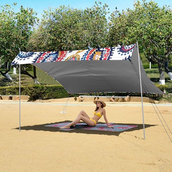 ALAZA Paisley Ikat Flower Beach Tent Sun Shelter UPF50+ Protection Beach Shade Canopy w/ 4 Sandbags for Outdoor Camping Fishing Backyard Fun Picnic 10x9 ft
