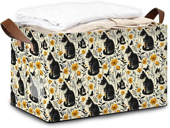 Black Cat Flower Storage Bin with Handles Basket Storage Organizer for Shelves Closet Nursery Book Laundry Hamper &amp Home Decor