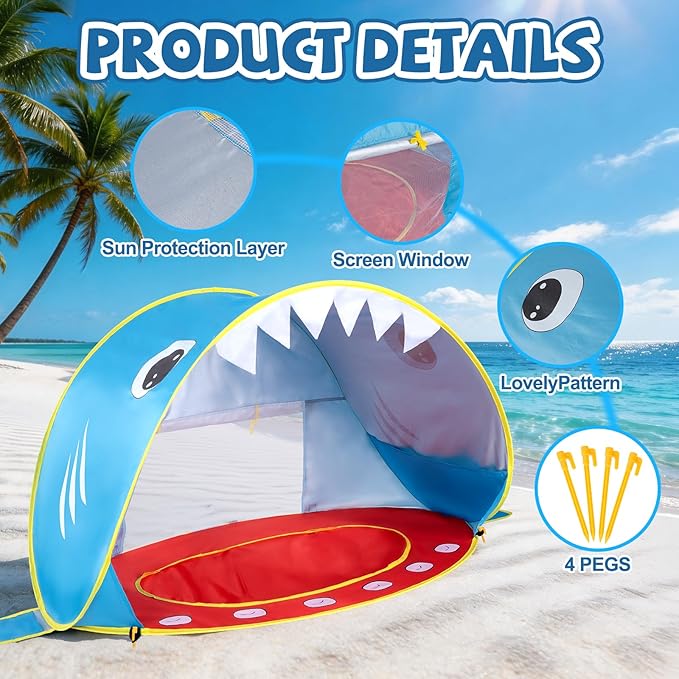 Baby Beach Tent - Shark Pop Up Beach Tent Sun Shade for Beach Portable Shade Pool UV Protection Sun Shelter for Outdoor Travel Camping