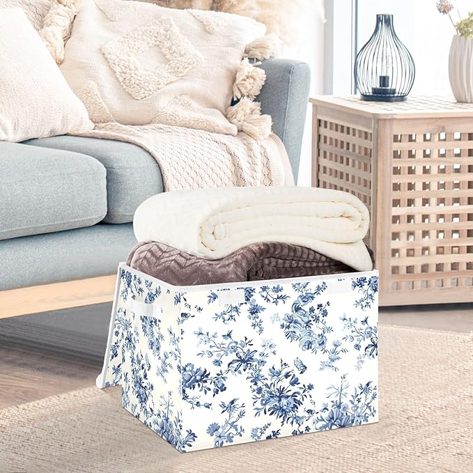 Texture Blue Flowers Large Storage Bins with Linen Foldable Storage Cubes Fabric Closet Organizer Containers box with Flip-Top Lid for Home Office Closet 16.5” x 12.6” x 11.8”