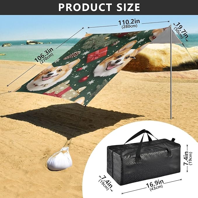 ALAZA Christmas Corgis Pattern Beach Tent Sun Shelter Portable Canopy Sunshade for Outdoor Camping Picnics Backyard Fun 10x9 ft