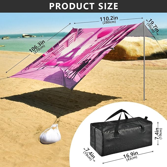 Beach Canopy with Windproof Ropes &amp Sandbags Beach Tent Sun Shade Sun Shelter for Camping Trips Fishing Backyard Fun or Picnics Eiffel Tower