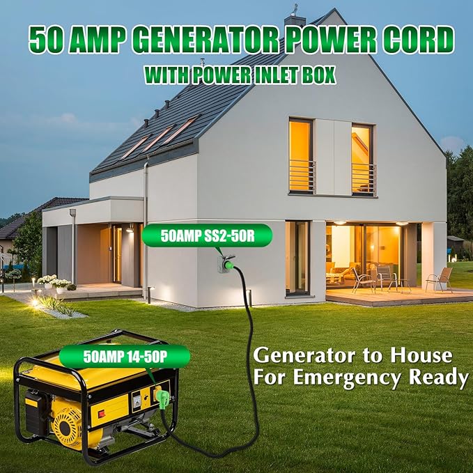 Gisafai 50 Amp 25FT Generator Cord and Pre Drilled Power Inlet Box Compatible with NEMA 14-50P to SS2-50R 125/250V Locking Connector with SS2-50P Generator Inlet Box to House ETL Listed