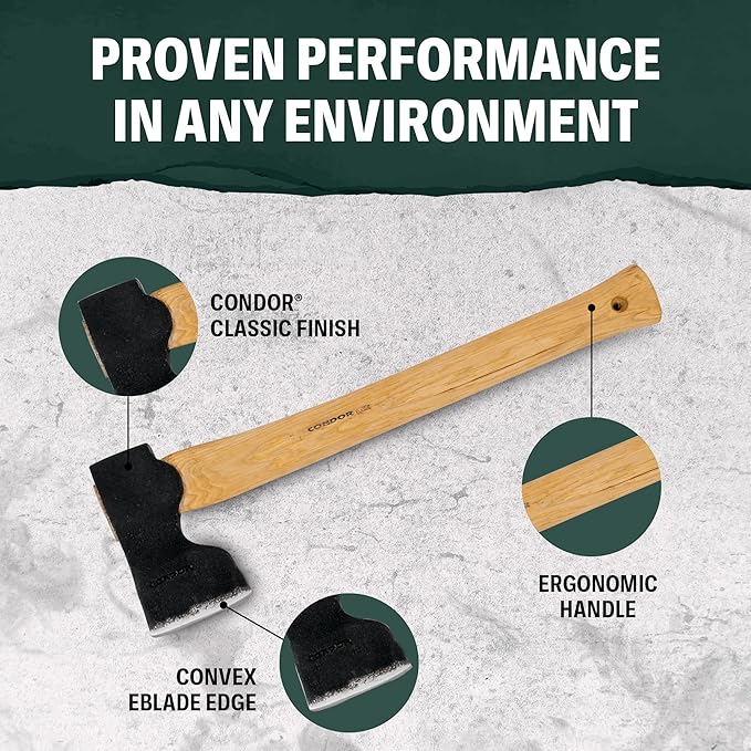 Condor Tool &amp Knife Woodworker Axe 1.5 Lb W/Leather Sheath - 1060 High-Carbon Steel Camping Axe with American Hickory Handle - Perfect for Camping Survival Firewood Splitting &amp Outdoor Craft