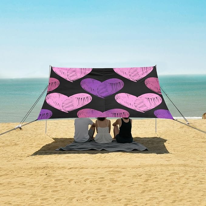 Beach Canopy with Windproof Ropes &amp Sandbags Beach Tent Sun Shade Sun Shelter for Camping Trips Fishing Backyard Fun or Picnics Heart