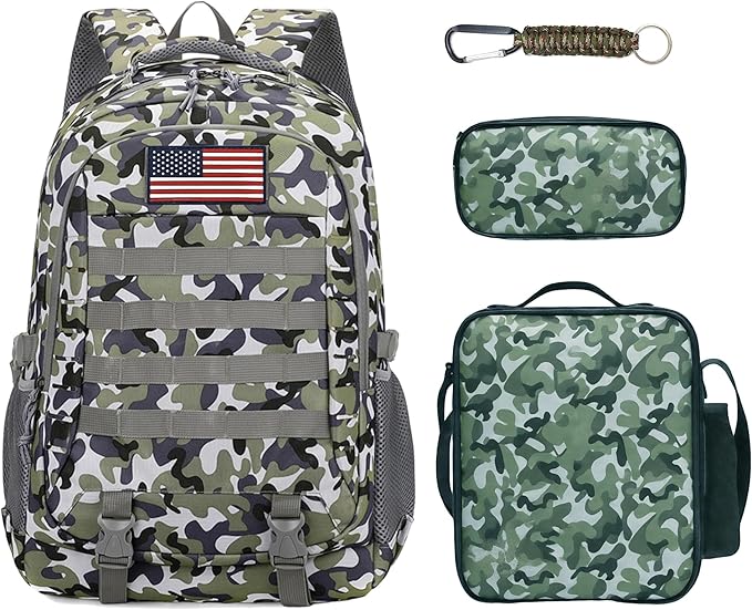 Camo Backpack for Boys 3 in 1 Set 19 Inch 55L Tactical Bookbag with Lunch Box Pencil Case Molle System School Backpack for Elementary Middle High School Outdoor Camping Hiking Travel for Kids Teens