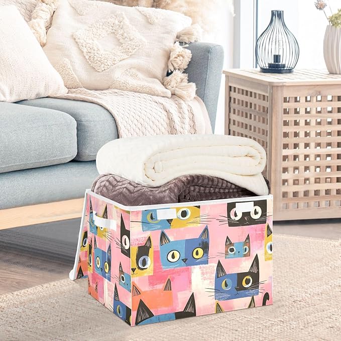 Abstract Cats Storage Cube Bins Basket with Lid Collapsible Flip-top Fabric with Handle for Home Bedroom Closet Office 16.5×12.6×11.8 in
