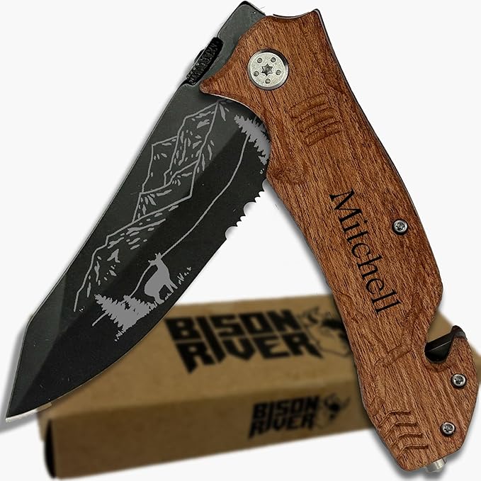 Personalized Pocket Knife for Men with Clip | Laser Engraved Hunting Design Folding Utility Tactical Switchblade for Camping Fishing Rescue | Custom Birthday Gift for Dad Husband Groomsmen Gifts