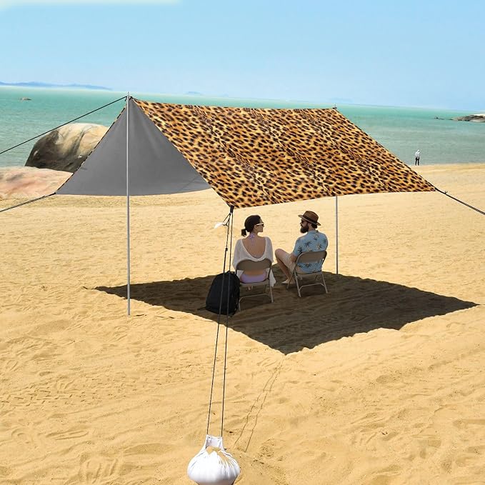 ALAZA Furry Cheetah Leopard Print Beach Tent Sun Shelter UPF50+ Protection Beach Shade Canopy w/ 4 Sandbags for Outdoor Camping Fishing Backyard Fun Picnic 10x9 ft