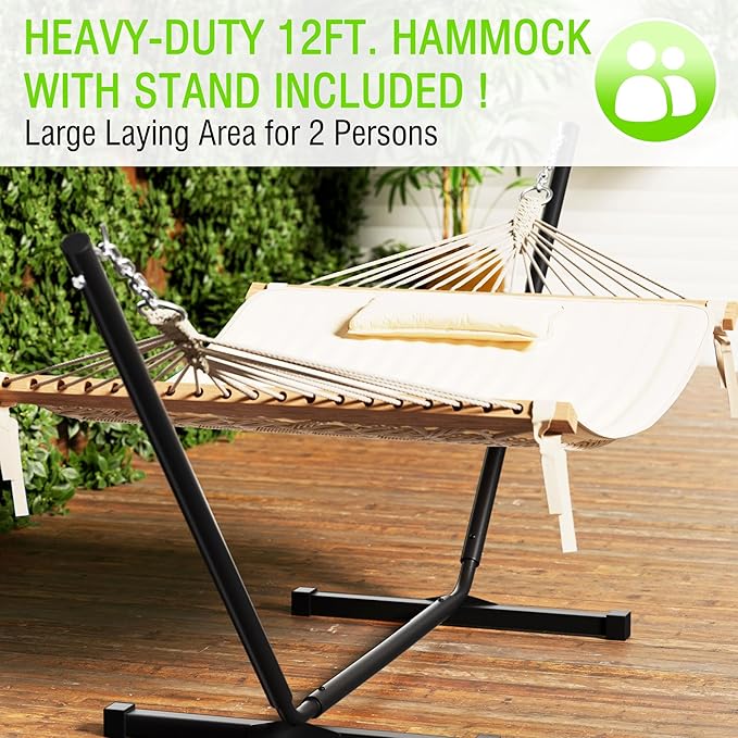 MUPATER 12FT Double Hammock with Stand Included 2 Person Outdoor Quilted Hammock with Stand Rope with Pad and Pillow hamacas para adultos White