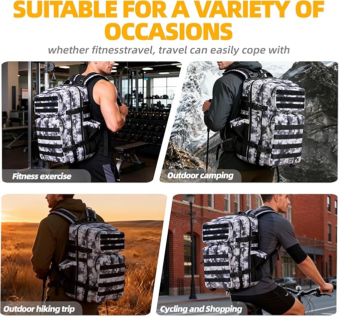 LUPU TACTICAL 45L Backpack for Men and Women 3 Days Assault Pack Outdoor Travel Hiking Camping Rucksack with Molle Webbing (Black and White)