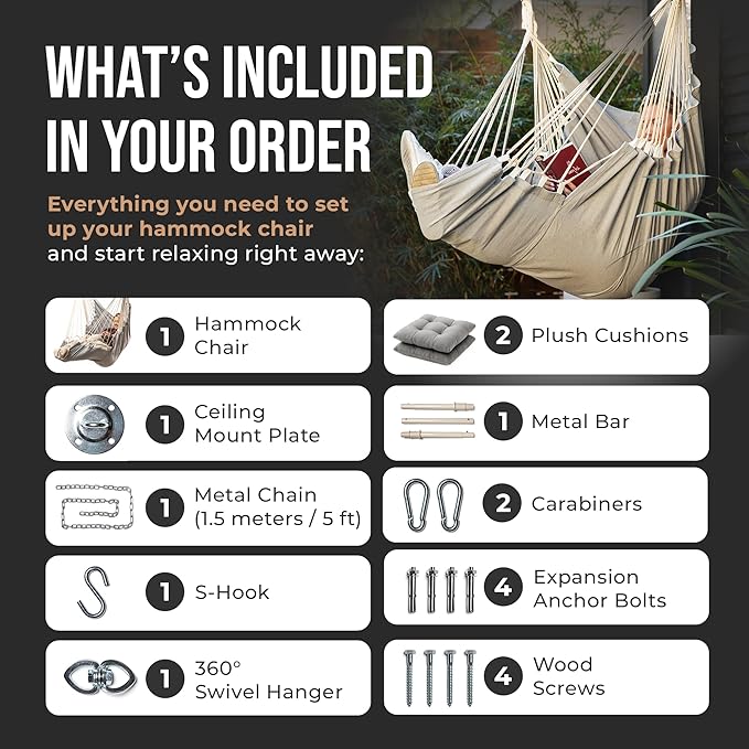 Hanging Hammock Chair Swing – Hanging Chair Outdoor &amp Indoor - Hammock Swing Chair – Quick &amp Easy Setup with Hardware Kit – Durable &amp Spacious Full Body Support with 2 Plush Cushions – Hol