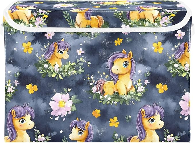 Storage Cube with Lid Cute Horses Print 16.5×12.6×11.8 IN 1 Pack Collapsible Large Capacity Foldable Storage Basket Bin Organizer