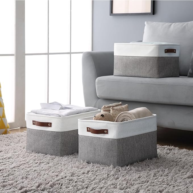 DECOMOMO Storage Baskets for Shelves - Fabric Storage Bins Linen Closet Organizers and Storage (Grey &amp White Large - 3 Pack)
