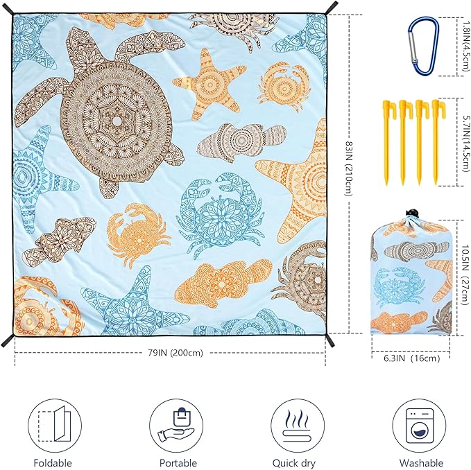 Beach Blanket Waterproof Sandproof Beach Mat 79 X 83/10'x9'for 2-8 Adults Quick Drying Outdoor Picnic Mat Beach Accessories for Travel Camping Hiking