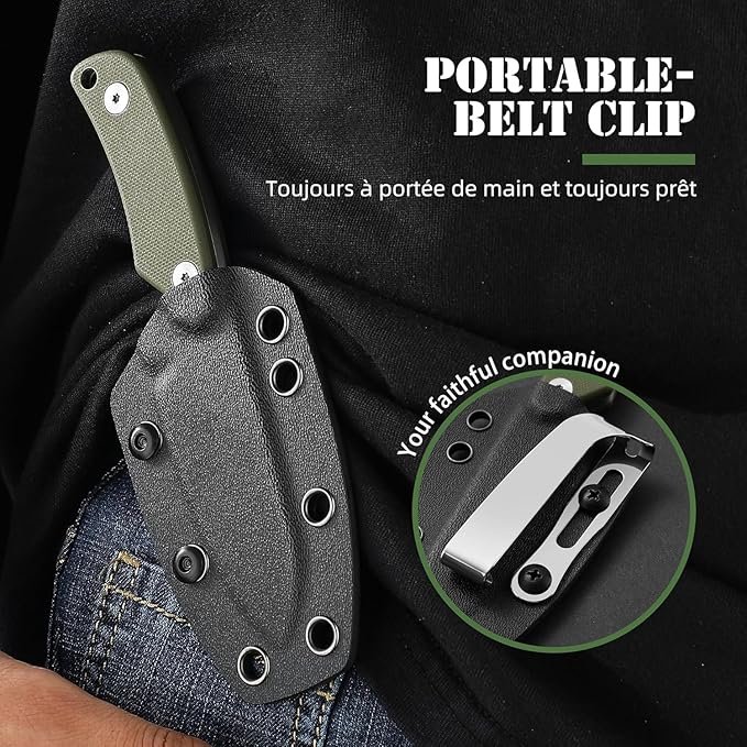 Omesio Compact Neck Knife with Sheath and Necklace D2 Steel 2.99-Inch Blade Full Tang G10 Handle Fixed Blade for EDC Hiking Camping (Black Blade + Green Handle)