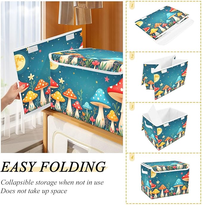 Storage Cube with Lid Night Mushroom Cartoon Print 16.5×12.6×11.8 IN Collapsible Large Capacity Foldable Storage Basket Bin Organizer