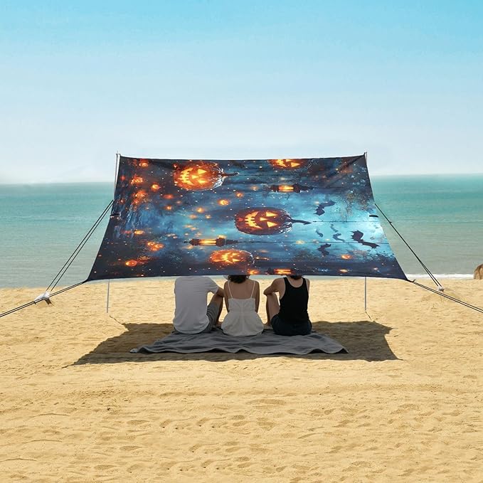 ALAZA Halloween Night Pumpkin Beach Tent Sun Shelter UPF50+ Protection Beach Shade Canopy w/ 4 Sandbags for Outdoor Camping Fishing Backyard Fun Picnic 10x9 ft