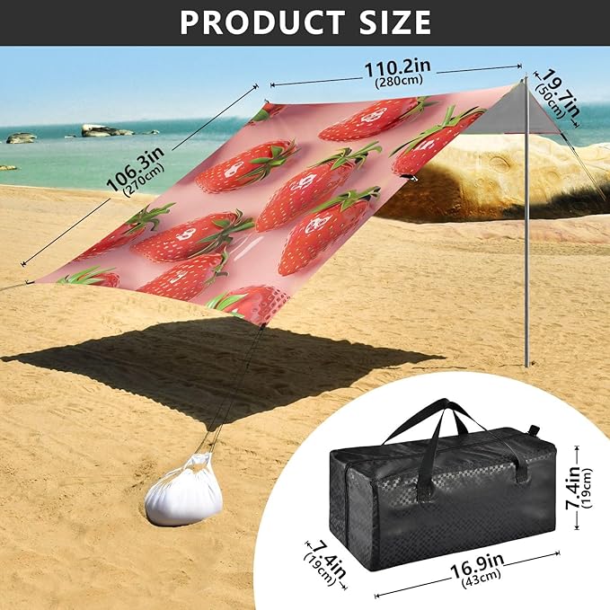 ALAZA 3D Fresh Strawberry Beach Tent Sun Shelter Portable Canopy Sunshade for Outdoor Camping Picnics Backyard Fun 10x9 ft