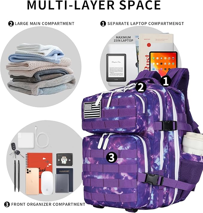 Lovelinks21 25L Tactical Backpack Military Tactical Backpack for Men and Women Small Assault Pack Outdoor Travel Hiking Camping Rucksack with Molle Webbing (Purple Camo)