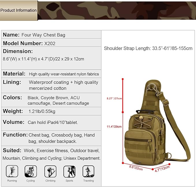 Protector Plus UNISTRENGH Tactical Sling Chest Pack Large MOLLE Crossbody Shoulder Bags Gear Duty Daypack