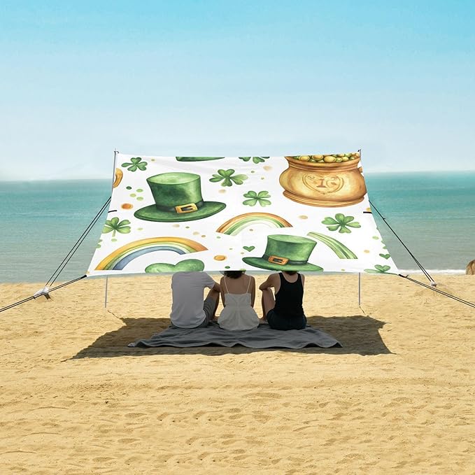xigua St. Patrick's Day Beach Tent Sun Shelter with Carrying Bag - Silver Coated Oxford Fabric Beach Canopy for Beach Camping Fishing - Includes Windproof Ropes Sandbags &amp Stakes