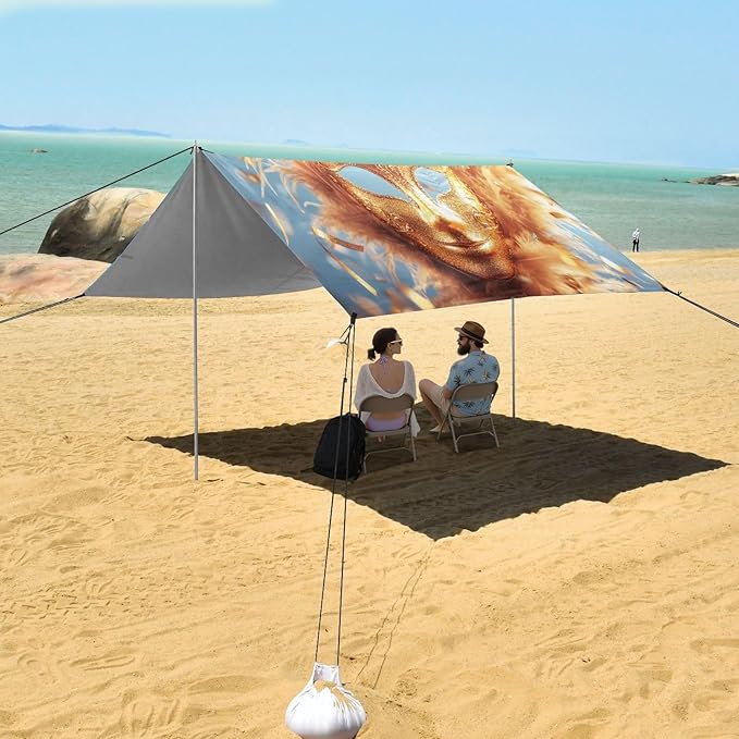 Carnival Golden Mask Mardi Gras Beach Tent Sun Shelter Set UPF50+ UV Protection 10.5 x 9.19 FT Camping Shade Canopy with Sandbags Sand Anchors Carrying Bag and Others