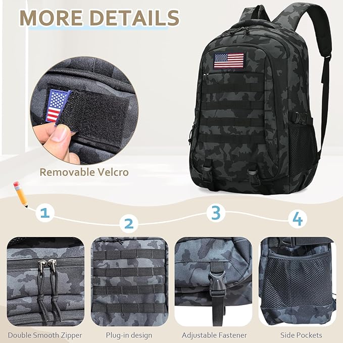 Camo Backpack for Boys 3 in 1 Set 19 Inch 55L Tactical Bookbag with Lunch Box Pencil Case Molle School Backpack for Kids Teens Daily School Commute Outdoor Camping for Elementary Middle High School